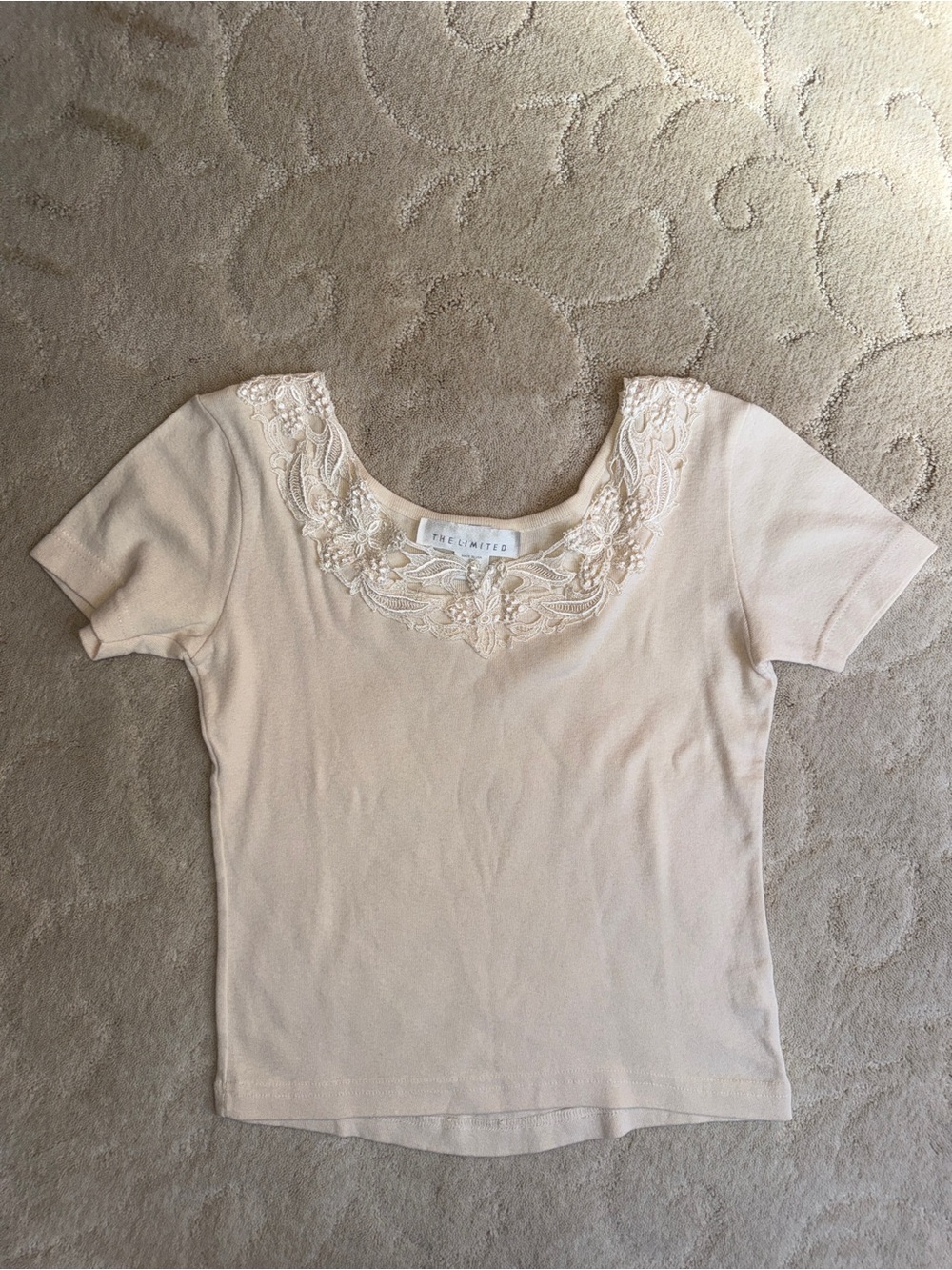 The Limited Short-Sleeve Embellished Scoop Neck Top in Light Beige